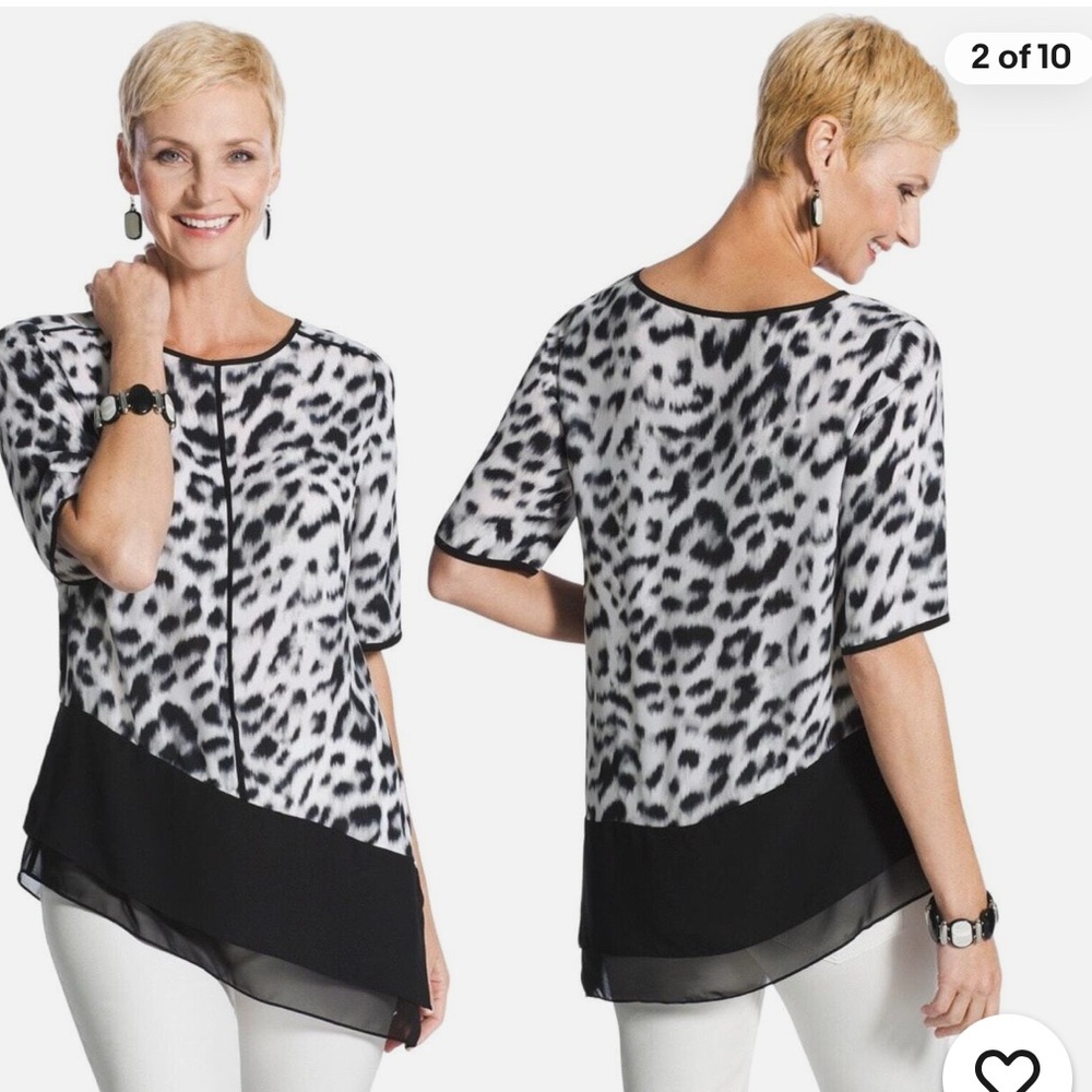 Chico's, JEN Leopard Print Top, Elbow Length Sleeves, Asymmetric Hem, Size 4